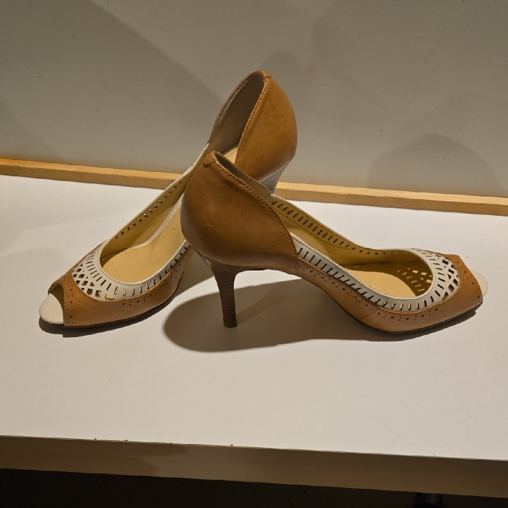 Ivanka Trump Tan and Cream Peep-Toe Heels